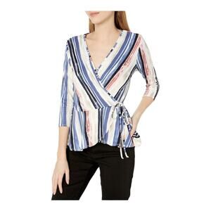 BCX A. Byer Women's large Faux Wrap Knit Top 3/4th sleeves watercolor stripes​